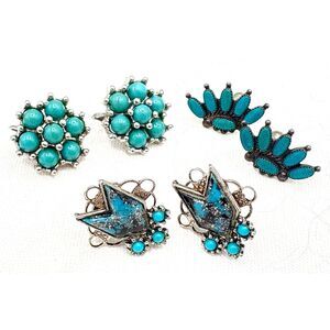 3 Pair Vintage Clip Earrings Sterling Turquoise Blue Stones Zuni 50s Jewelry